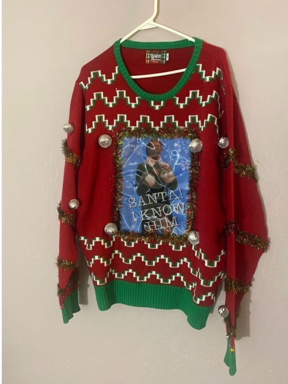Spencer's Red and Green Novelty Christmas Sweater with Tinsel and Ornaments